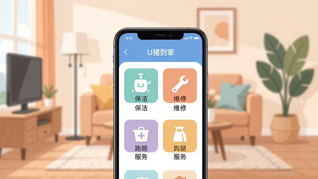 һ��չʾU�������ֻ�Ӧ�ý����ͼƬ������������һ�������ֻ�����Ļ����ʾ��U�����ҵ���ҳ���������ࡢά�ޡ����ȵȷ���ͼ�꣬��������ܰ�ļ�ͥ�������������Ϊ�ִ���ƽ����ƣ�ϸ�ڰ���������ͼ�����͵�ɫ�ʴ��䣬�����������ɾ����޶���Ԫ��