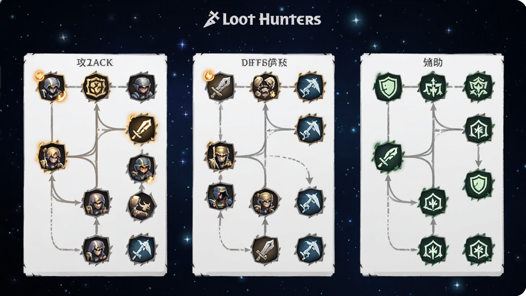 Loot Hunters��ɫ���������棬����չʾ���м���ͼ�꣬�ֱ����������������������֧��ͼ��֮�������߱�ʾ����·�������ּ����ѵ���������Ϊ����ɫ�ǿգ�����������������Loot Hunters��־�����ʸɾ����޶���Ԫ��