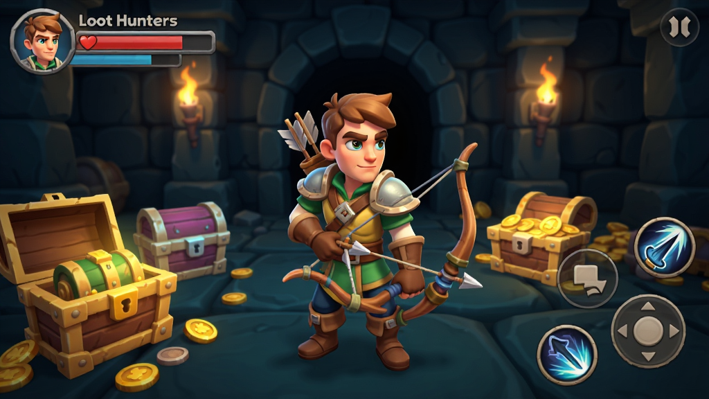 Loot Hunters��Ϸ�������ͼ������������һλ��������ֳֹ��������˽�ɫ���������İ��ĵ�����ڣ�����ɢ���ŷ���ı���ͽ�ң��������Ͻ���ʾ��ɫ�ȼ�������ֵ�����½�������ҡ���뼼�ܰ�ť��������Ϊŷ����ͨ��Ⱦ��ɫ��������ϸ�ڷḻ�����������ɾ����޶���Ԫ��