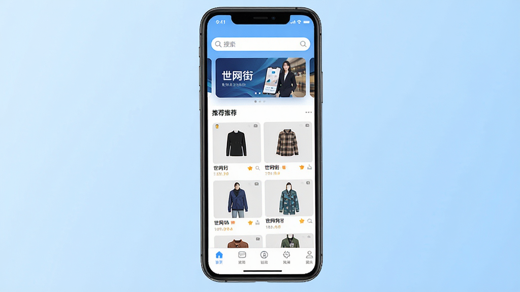 手机屏幕展示“世网街”APP首页界面,顶部搜索栏与轮播图,中部商品推荐瀑布流,底部导航栏五个图标,背景为浅蓝色渐变,界面干净整洁,现代电商风格,细节清晰,画质高清,无多余元素