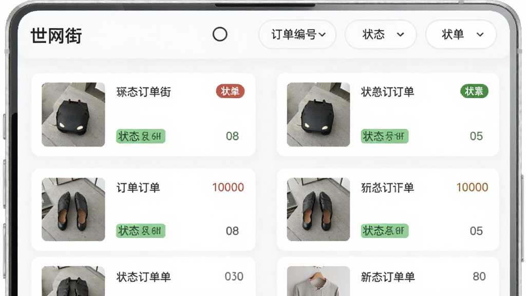 手机界面“世网街”订单管理页,列表展示不同状态的订单卡片,每张卡片有商品缩略图、订单编号、状态标签,顶部有分类筛选栏,背景白色,风格简约商务,细节清晰,画质干净,无多余元素