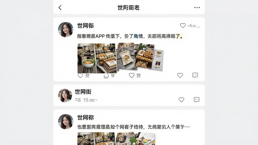 “世网街”APP社区页面截图,用户头像与昵称列表,每条动态包含文字描述、商品图片、点赞评论图标,整体布局清晰,背景浅灰色,风格社交化,细节丰富,画质高清,无多余元素