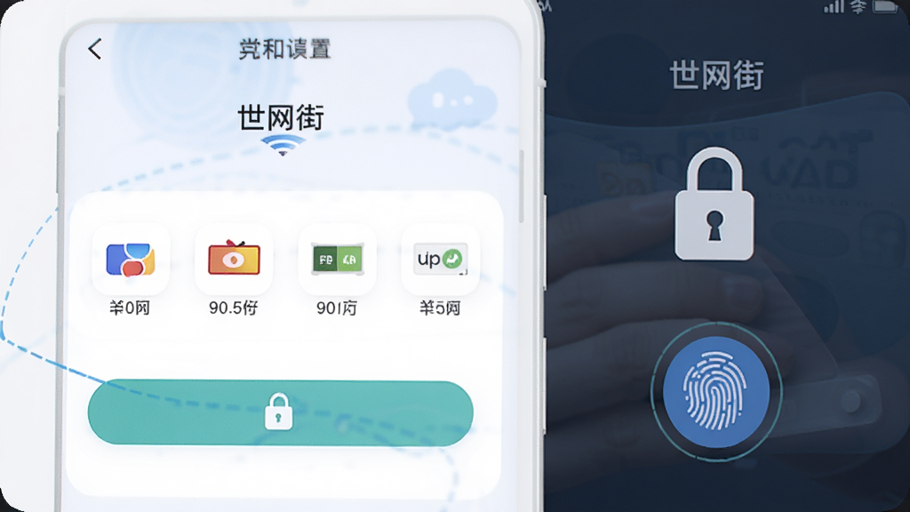 “世网街”APP支付设置页面,展示多种支付方式图标,安全锁标志,指纹验证按钮,背景浅色,风格安全可靠,细节清晰,画质高清,无多余元素