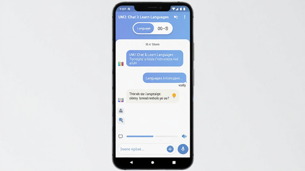 一张展示UM3: Chat & Learn Languages软件主界面的手机预览图,主体是一部竖屏安卓手机,屏幕中央显示聊天式语言学习界面,上方有语言切换按钮,中间是对话气泡和纠错提示,底部有输入框和语音按钮,布局采用居中构图,排版干净整齐,风格为现代扁平化UI设计,细节包括柔和的蓝白配色、圆角卡片、小图标和进度条,画质高清,画面干净,无多余元素