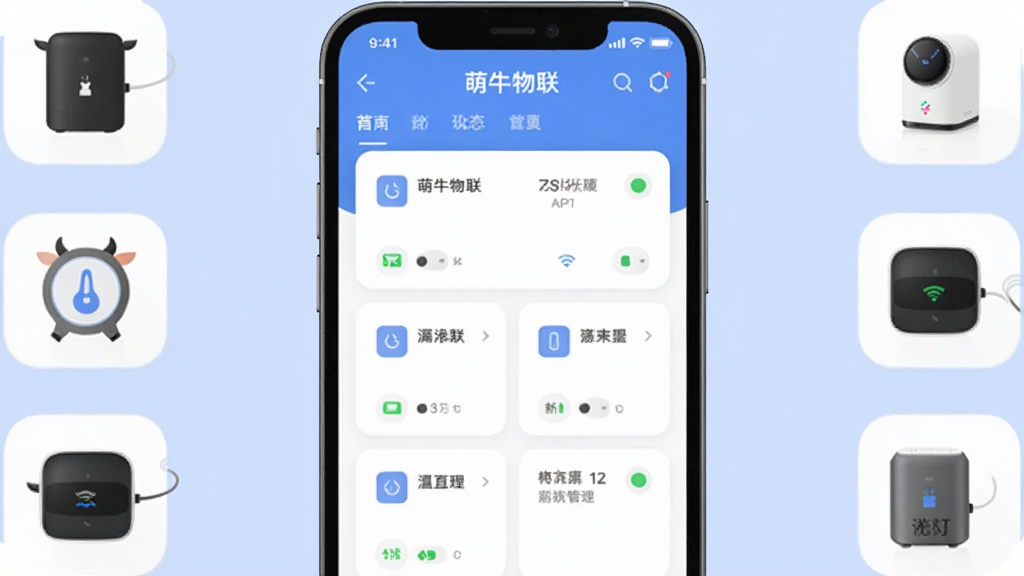 һ���ֻ���Ļ��ʾ����ţ������App�Ķ��豸�������棬��Ļ���ж���豸��Ƭ�������У�ÿ����Ƭ��ʾ�豸���ƺ�״̬ͼ�꣬�ֻ������������豸ͼ�껷�ƣ�����Ϊǳ��ɫ����ƽ������Ű湤���������������޶���Ԫ��