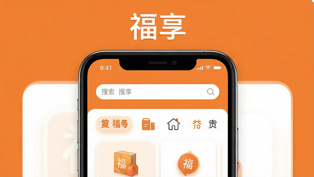 主体是一个简洁的手机应用界面展示,布局为居中放置一部智能手机,手机屏幕上显示着“福享”应用的主页,主页上有商品卡片、分类图标和搜索栏。排版采用上下结构,上方是应用名称“福享”,下方是手机界面展示。风格为现代简约的扁平化设计,色彩以暖橙色和白色为主,细节上商品卡片带有圆角和轻微阴影,画质清晰,画面干净,无多余元素。