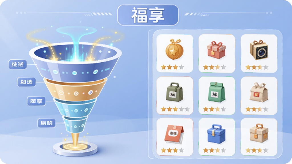 主体是一个数据筛选与商品评估的抽象场景,布局为左侧显示筛选漏斗,右侧展示排列整齐的商品卡片。排版采用左右对比结构,上方有“福享”文字标识。风格为科技感与生活感结合的插画风,细节上漏斗有光效,商品卡片带有星级评分图标,画质清晰,画面干净,无多余元素。