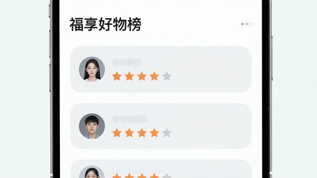 主体是一个用户评价与榜单展示的界面场景,布局为上方显示榜单标题“福享好物榜”,下方是带有用户头像和星级评分的评价卡片。排版采用上下滚动式结构,风格为清新浅色系UI设计,细节上评价卡片有圆角、浅灰底色和橙色星级,画质清晰,画面干净,无多余元素。