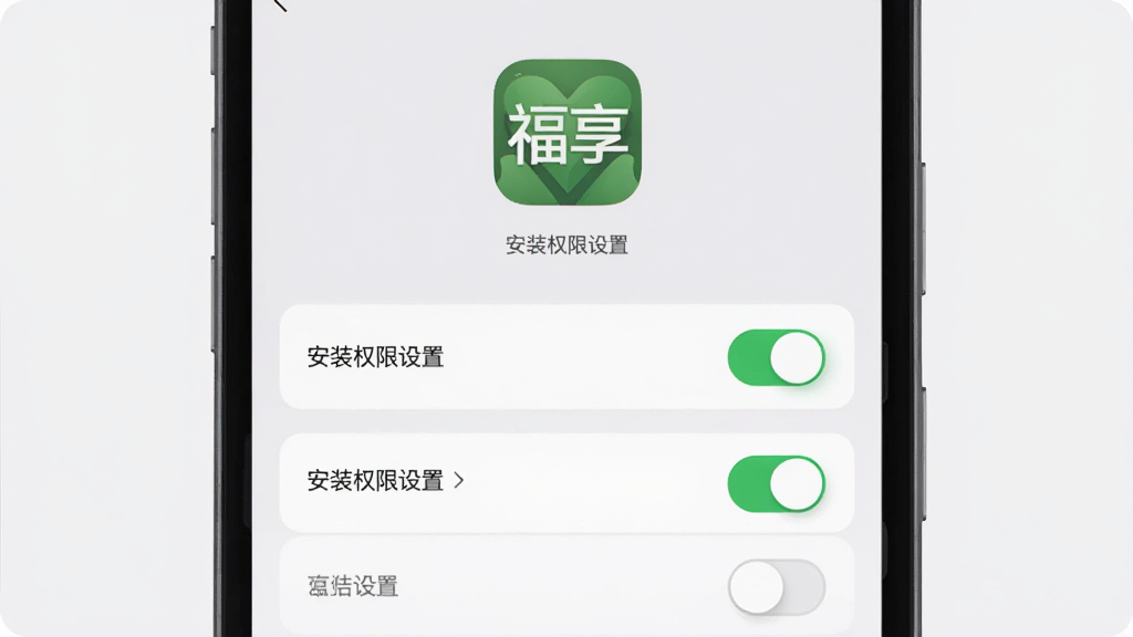 主体是一个手机屏幕显示安装权限设置界面,布局为居中展示设置选项列表,上方有“福享”应用图标。排版采用上下结构,风格为扁平化手机UI风格,细节上权限开关按钮为绿色高亮,背景为浅灰色,画质清晰,画面干净,无多余元素。