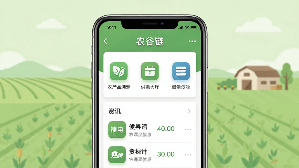 ũ����App������չʾ�����������������ֻ���Ļ����Ļ����ʾũ����������ҳ������ũ��Ʒ��Դ�������������Ѷ�б���ģ��ͼ�꣬����Ϊ�����ǳ��ɫũҵ��԰��⣬����ͻ�������־��У��Ű����������Ϊ�ִ���ƽ��UI��ƣ�ϸ�ڰ���ͼ����Ӱ�����ֱ�ǩ