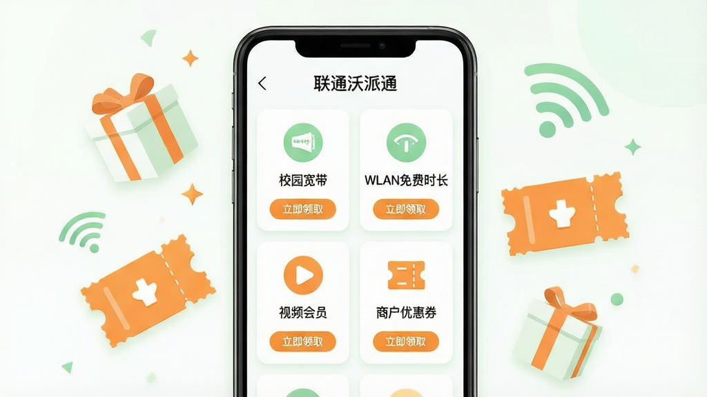 һ��չʾ����ͨ����ͨͨ��У԰Ȩ��ҳ��Ļ��棬����������һ���ֻ�����Ļ����ʾ��Ȩ����ȡ���棬������У԰��������WLAN���ʱ��������Ƶ��Ա�����̻��Ż�ȯ���ȿ�Ƭʽͼ�꣬ÿ����Ƭ�·��С�������ȡ����ť���ֻ�����Ư������С��Ż�ȯ��Wi-Fi�źŵ�װ��Ԫ�ء�����Ϊ���й�ͼ���ֻ�Ϊ���塣�Ű�������񻯿�Ƭ���֡����Ϊ��������ı�ƽ����ƣ�ɫ���԰�ɫ��ǳ�̺ͳ�ɫΪ����ϸ���Ͽ�ƬԲ����ͣ�ͼ����ֱ�ۣ��������������ʸ��壬�ɾ����޶���Ԫ�ء�