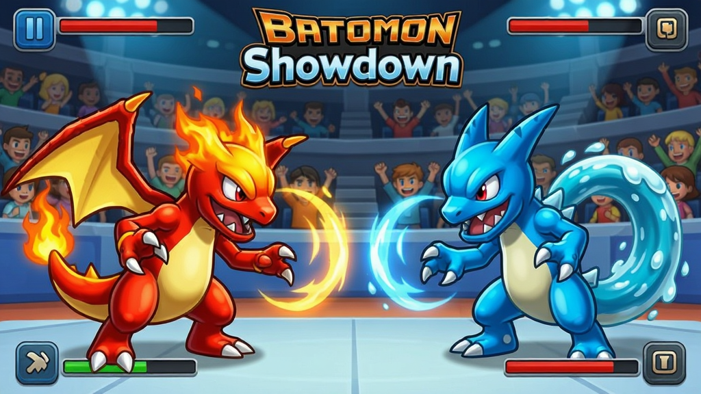 һ��չʾBatomon Showdown��Ϸ������������ֻ���ͼ���廭��������������ֻ��ͨ�������ڶ�ս�����Ϊ�������Եĺ�ɫ���ޣ��Ҳ�Ϊˮ�����Ե���ɫ���ޣ������Ǿ�������̨����ڣ���������Ϸ���ơ�Batomon Showdown���ı������֣�������Ϊ������ͨ��Ⱦ��ϸ�ڰ���������Ч������Ѫ��UI�����������ɾ����޶���Ԫ��