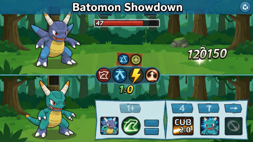 һ��չʾBatomon Showdown�غ���ս������Ĳ廭�������Ϊ���������֣��Ϸ��ǵз�������Ѫ�������·����ҷ������뼼��ѡ����壬���������Կ���ͼ�������������֣�������ɭ��ս�������涥���С�Batomon Showdown�����⣬���Ϊ��ƽ����ͨ��ϸ�ڰ������ܰ�ť���˺����ֵ���Ч�������������ɾ�