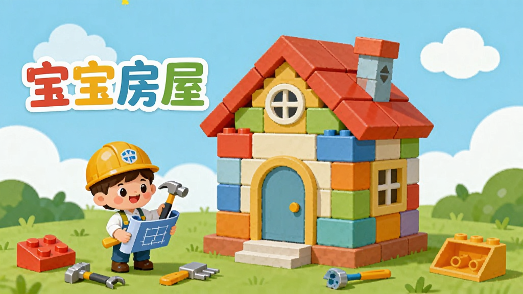 一幅明亮卡通的儿童房屋建造场景插画,画面中央是一座正在施工中的可爱小房子,墙壁由彩色积木拼成,屋顶是红色的三角形,旁边有小小的卡通工程师角色拿着图纸和锤子,背景是蓝天白云和绿草地,周围散落着各种建筑工具,整体风格为扁平化儿童插画,色彩鲜艳柔和,画质清晰干净,无多余杂乱元素,画面中带有“宝宝房屋设计师”文字标题