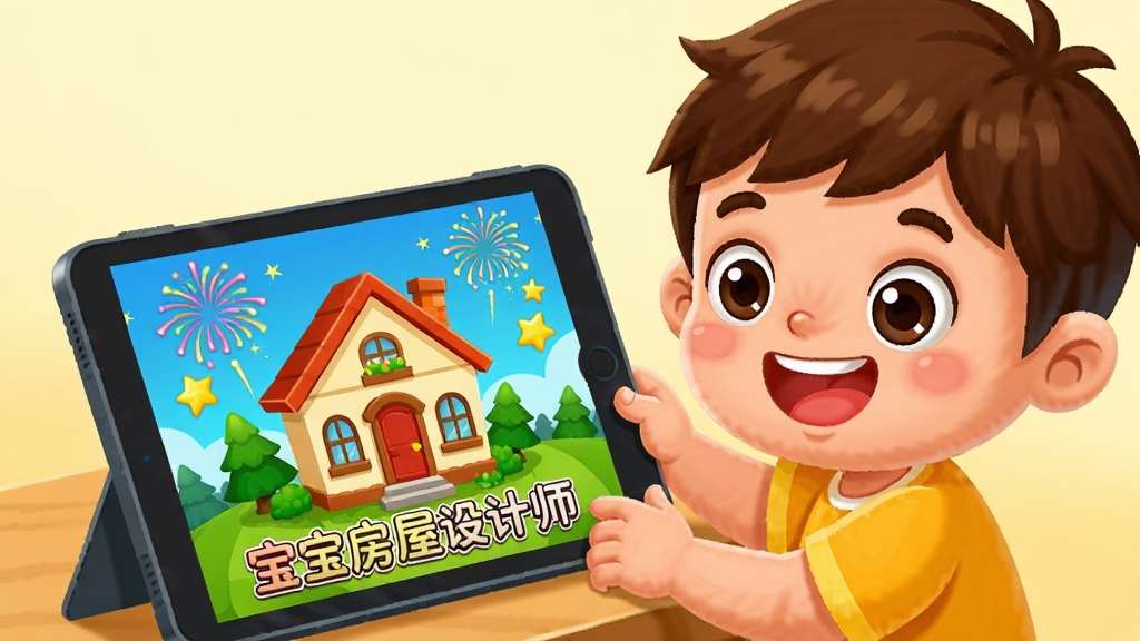 卡通儿童正在使用平板电脑玩房屋建造游戏的场景,屏幕上显示一座已经建好的漂亮小房子,周围有烟花和星星特效,孩子脸上带着开心的笑容,画面风格温馨明亮,色彩丰富,画质清晰,干净无杂物,画面中带有“宝宝房屋设计师”字样