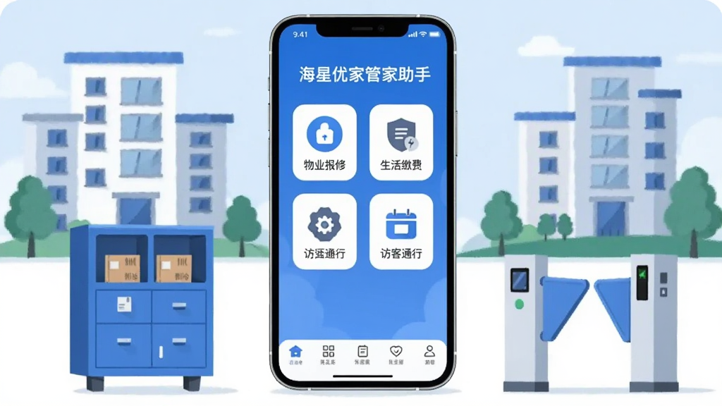 ����������һ�������ֻ�����Ļ����ʾ�š������żҹܼ����֡���APP���棬�����а�����ҵ���ޡ�����ɷѡ��ÿ�ͨ�еȹ���ͼ�ꡣ�ֻ���Χ����������¥������ݹ��Ž�բ����Ԫ�أ��Ա�ƽ���廭�����֣�ɫ������ɫ�Ͱ�ɫΪ�������岼�ּ�����죬���������ɾ����޶���װ��Ԫ�ء�