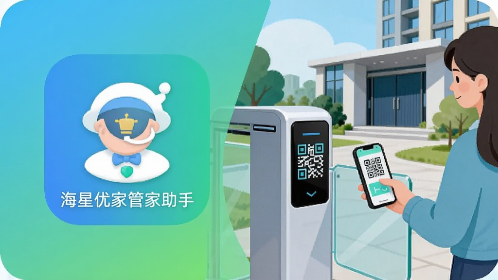 һ��AI���ɵĲ廭����������ǡ������żҹܼ����֡���ͼ�꣬�Ҳ�չʾ�����Ž���ʹ�ó�����һλס�����ֻ�ɨ���Ž���ά�룬բ���Զ��򿪡��������ִ���С����ڣ����Ϊ���±�ƽ�廭��ɫ�������̽���Ϊ����ϸ�����������ʸɾ���������Ԫ�ء�
