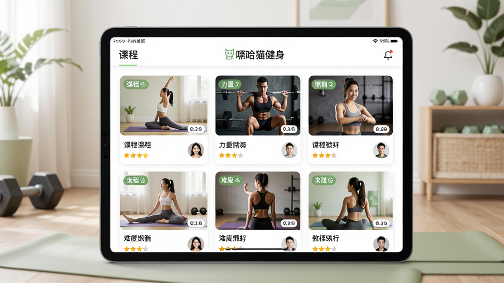 ������һ̨ƽ����ԣ���Ļ����ʾ���ٹ�è������APP�Ŀγ��б�ҳ�棬�γ̷�������٤��������ȼ֬�Ȳ�ͬ��𡣲���Ϊƽ����У�����Ϊ�Ӽҽ����������Ű����룬�γ̿�Ƭ�������С����Ϊ���¼�Լ�磬ɫ���԰�ɫ��ǳ��ɫΪ����ϸ�ڰ����γ�ʱ����ǩ���Ѷ��Ǽ�������ͷ�񡣻��ʸ��壬����ɾ����޶���Ԫ�ء�
