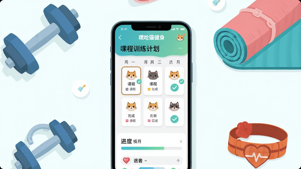 ������һ�������ֻ�����Ļ��չʾ���ٹ�è������APP�ĸ��Ի�ѵ���ƻ����棬������������ʽ�γ̰��źͽ�����������Ϊ�ֻ����з��ã���Χ���������塢�٤�桢���ʴ��Ƚ���С������Ű��࣬ͻ���ֻ���Ļ���ݡ����Ϊ��ƽ���廭�磬ɫ���������¡�ϸ�ڰ���ѵ���ƻ���Ƭ����ɴ򹴱�ǡ�è��ͼ�ꡣ���ʸ��壬����ɾ����޶���Ԫ�ء�