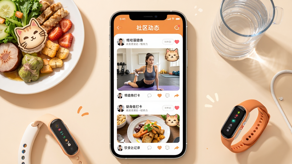 �������ֻ���Ļ����ʾ���ٹ�è������APP��������̬ҳ�棬���û������Ľ�������Ƭ����ʳ��¼������Ϊ�ֻ����У���Χ�н������̡�ˮ�����˶��ֻ���Ԫ�ء��Ű���ã���Ϣ���������С����Ϊ��ů�罻�磬ɫ����ů��ɫ���װ�ɫΪ����ϸ�ڰ�������ͼ�ꡢ�������ݡ�è�����������ʸ��壬����ɾ����޶���Ԫ�ء�