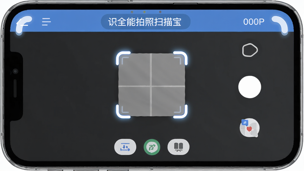 识全能拍照扫描宝软件主界面展示,主体为一部智能手机,屏幕上显示拍照扫描功能界面,布局为顶部标题栏、中部扫描取景框、底部功能按钮,排版简洁清晰,风格为现代扁平化设计,细节包含扫描框四角高亮、功能图标圆润,画质为高清1080P,干净无多余元素