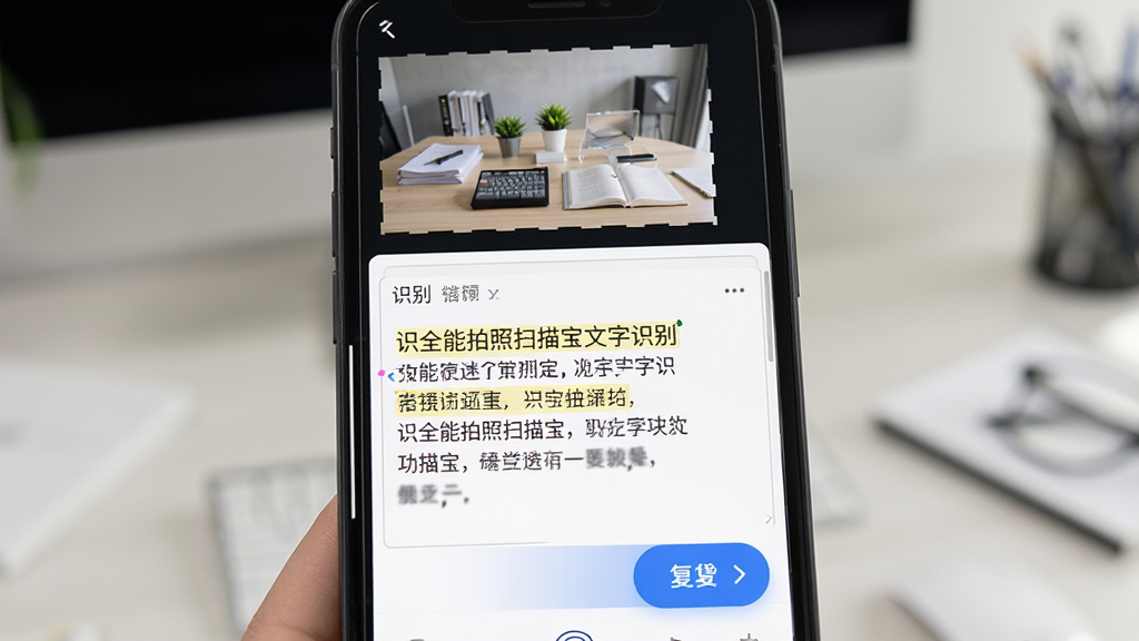 识全能拍照扫描宝文字识别功能展示,主体为手机屏幕显示图片转文字结果界面,布局为上方原图缩略图、下方识别出的可编辑文本框,排版为上下分栏,风格为简约办公风,细节包含文字高亮选中、复制按钮明显,画质为高清1080P,干净无多余元素