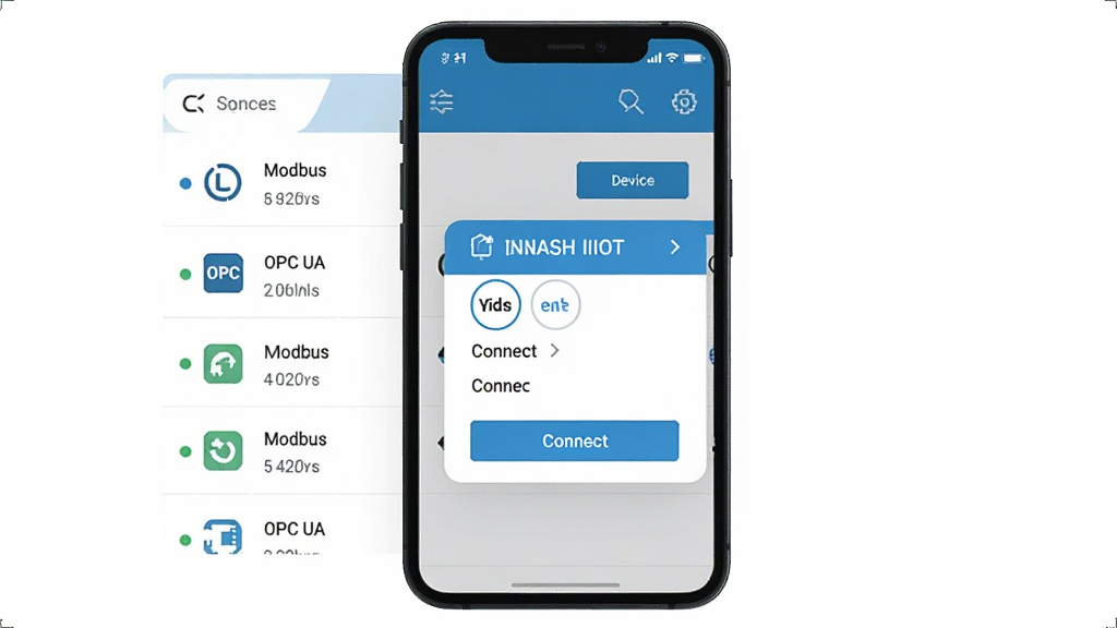 һ��չʾNASH IIOT ����ʦ�˶�Э�����ӹ��ܵĽ����ͼ���ͼƬ����������Ϊ�ֻ���Ļ��ʾ�豸�б���Э��ѡ�񵯴������ֲ��þ���չʾ�ֻ����棬���Ϊ��ƽ���Ƽ�����ϸ�ڰ���Modbus��OPC UA��Э��ͼ�ꡢ�豸����״̬�̵㡢���Ӱ�ť�������������ɾ����޶���Ԫ��