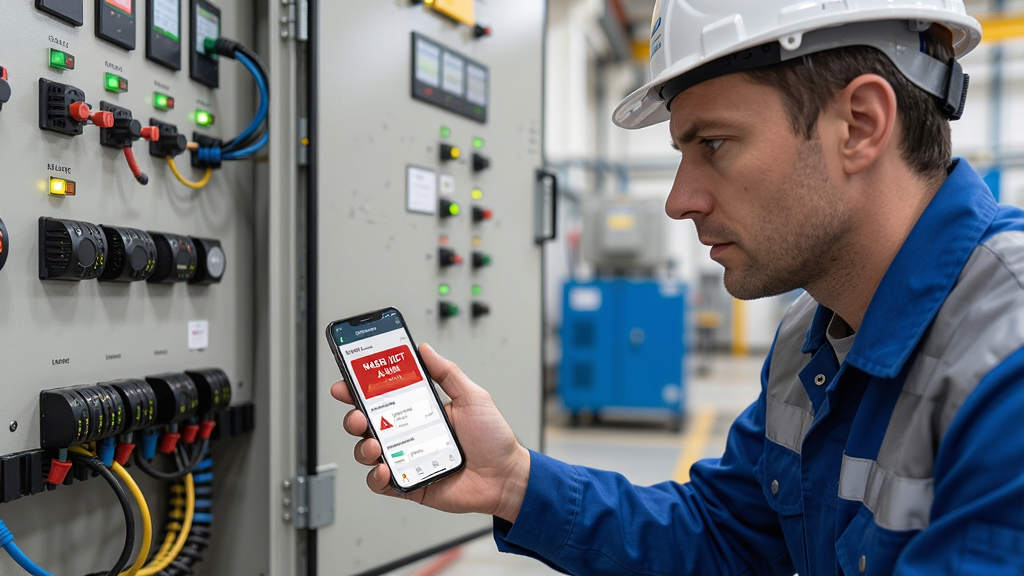 һ��չʾ����ʦ�ڹ�ҵ�ֳ�ʹ��NASH IIOT ����ʦ���Ų���ϵ�ͼƬ����������Ϊ����ʦ���ڿ��ƹ�ǰ�ֳ��ֻ��鿴������Ͻ��棬���ֲ���ǰ�������뱳���豸��ʵ��ϣ����Ϊ��ʵ��Ӱ�磬ϸ�ڰ������ƹ�ָʾ�ơ��ֻ���Ļ�ϵĺ�ɫ������ʾ������ʦרע���飬�����������ɾ����޶���Ԫ��