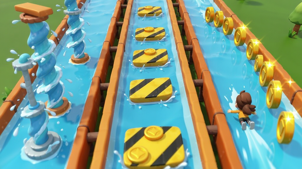 ������һ��ˮ�ϻ����ܿ���԰�Ĺؿ�������������Ϊ�����ֲ�·�ߣ��������ת��ˮ�����м����ƶ����壬�Ҳ��н�����гɻ��Σ�һ����ͨ��ɫ���ڻ����ϸ����»���������ø�����б�ӽǣ���������������������չ�������Ϊ3D��ͨ��Ⱦ��ϸ�ڰ���ˮ�����𡢽�����⡢�ϰ����ϵľ�ʾ���ƣ����������ɾ����޶���Ԫ�ء�