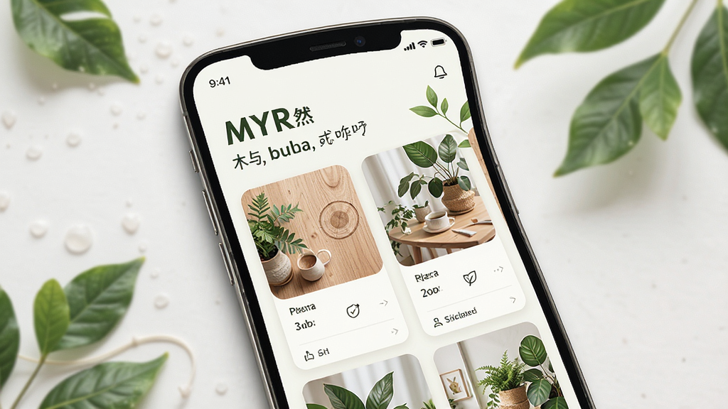 一张手机应用界面展示图,主体是“MYR”木与然应用的首页,布局为顶部问候语与卡片式内容流,排版错落有致,风格为清新治愈系,细节有木质纹理和绿叶点缀,画质超清,干净,无多余元素。