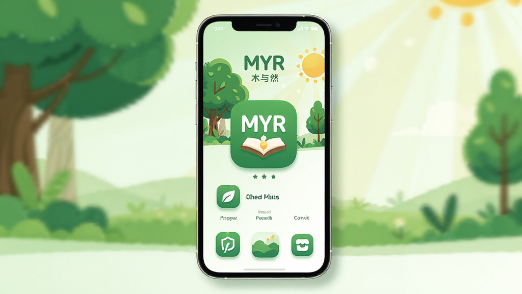 一幅展示手机屏幕的画面,屏幕中显示“MYR”木与然应用的主界面,界面风格为清新自然的绿色调,有树木和阳光的元素,主体位于画面中央,布局简洁,排版清晰,风格为扁平化插画,细节包括柔和的阴影和圆角图标,画质高清,干净,无多余元素。