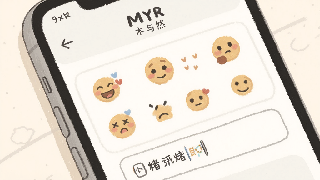 一幅展示手机屏幕特写的画面,屏幕中显示“MYR”木与然应用的情绪记录页面,有多个表情图标和文字输入框,主体位于画面中心,布局简洁,排版清晰,风格为柔和插画风,细节有手绘质感的线条,画质高清,干净,无多余元素。