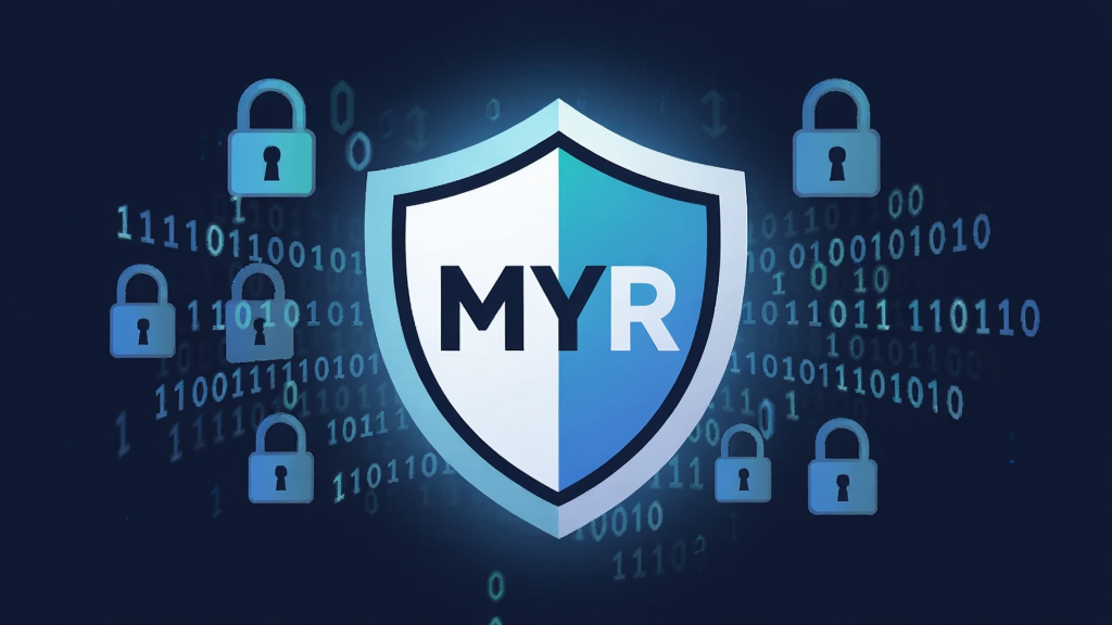 一幅抽象风格的信息安全主题插画,画面中央是一个带有“MYR”字样的盾牌图标,周围环绕着锁和二进制代码元素,主体突出,布局对称,风格为扁平科技感,细节有柔和的蓝色光晕,画质高清,干净,无多余元素。