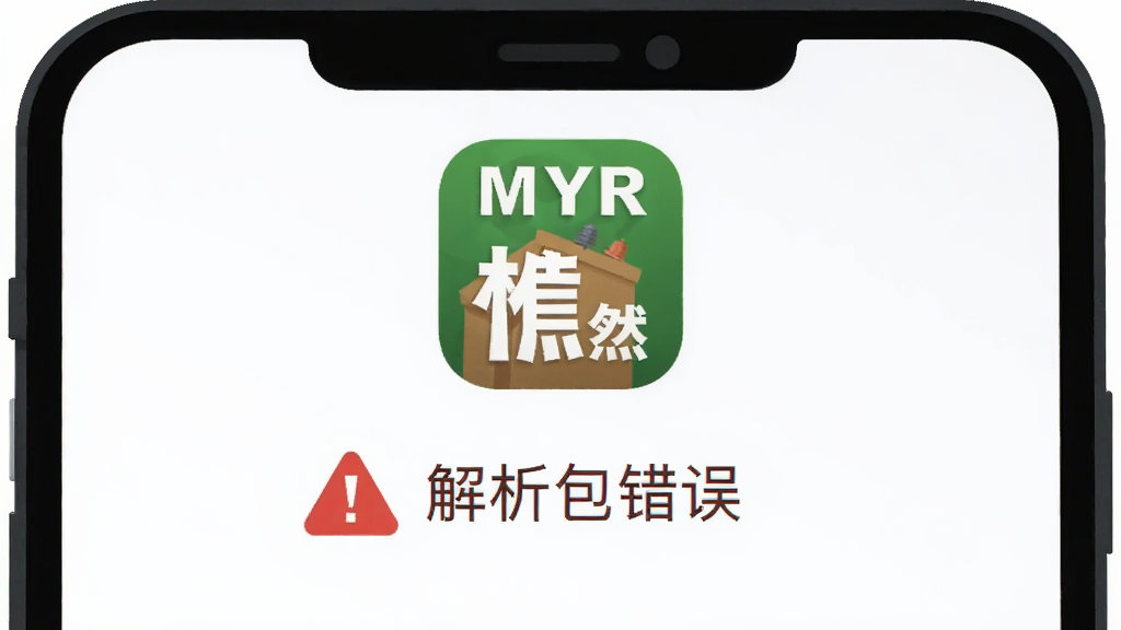 一幅展示手机屏幕出现错误提示的画面,屏幕中显示“MYR”木与然应用的图标和“解析包错误”字样,主体位于画面中央,布局简洁,风格为扁平插画,细节有红色的警示符号,画质高清,干净,无多余元素。