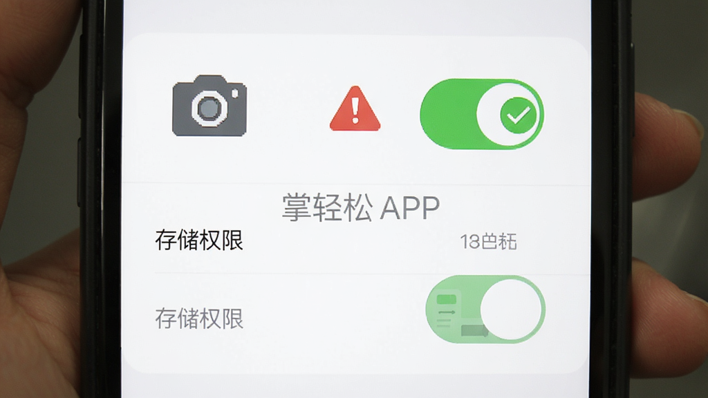 �ֻ���Ļ��ʾ������APP��Ȩ�����ý��棬��������һ�����ͼ��Ϳ��ذ�ť���Ա��к�ɫ�����־����ɫ�Թ�������Ϊ�������У����Ϊ��ƽ��UI��ƣ�ϸ�ڰ������֡����Ȩ�ޡ����洢Ȩ�ޡ�������״̬�����������ɾ����޶���Ԫ��