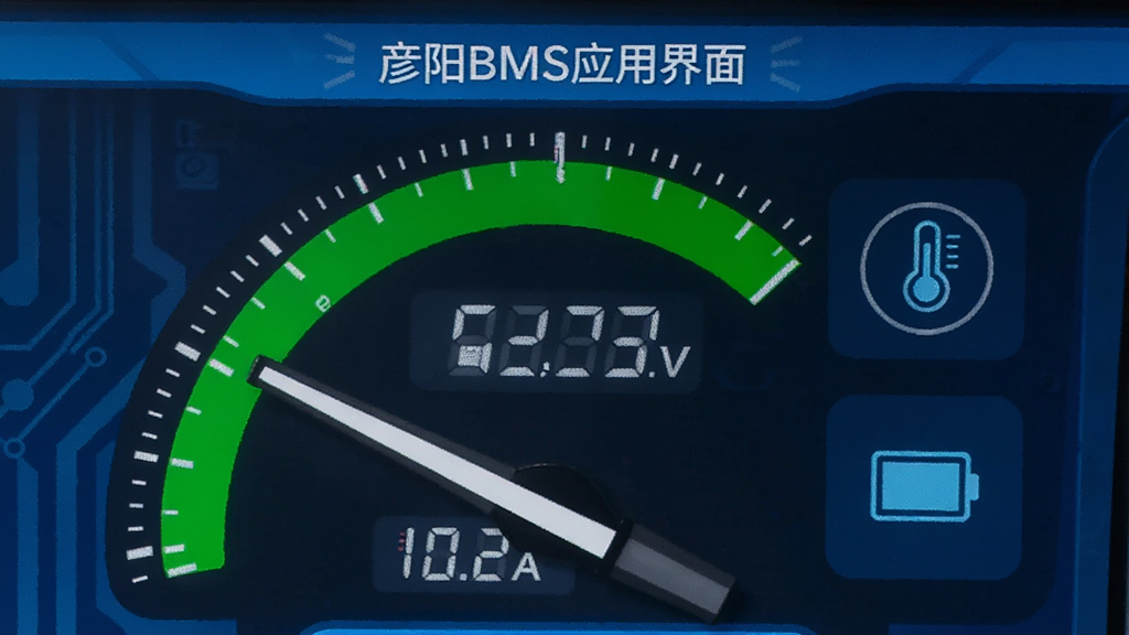 ����BMSӦ�ý�����д���Ǳ���ָ��ָ����ɫ��ȫ����������ʾ��ѹ52.3V������10.2A���Ա����¶ȼ�ͼ��͵��ͼ�꣬���岼���������Ƽ�����ɫ���ɾ�������