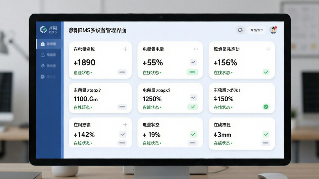 ����BMS���豸�������棬��Ƭʽ�б�չʾ�������豸��ÿ����ʾ���ơ������ٷֱȺ�����״̬��������ˬ��Բ�ǿ�Ƭ��ƣ�ǳɫ����
