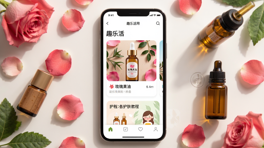 Ȥ�ֻ�Ӧ��������չʾ������������һ�������ֻ�����Ļ��ʾȤ�ֻ�APP��ҳ������õ����Ͳ�Ʒ��Ƭ�ͻ����̳���ڣ���Χ����õ�廨���뾫��ƿԪ�أ����־��жԳƣ����������Ȼ��ϸ�ڰ�����͹�Ӱ��ֲ�����������ʸ���ɾ��޶���Ԫ��