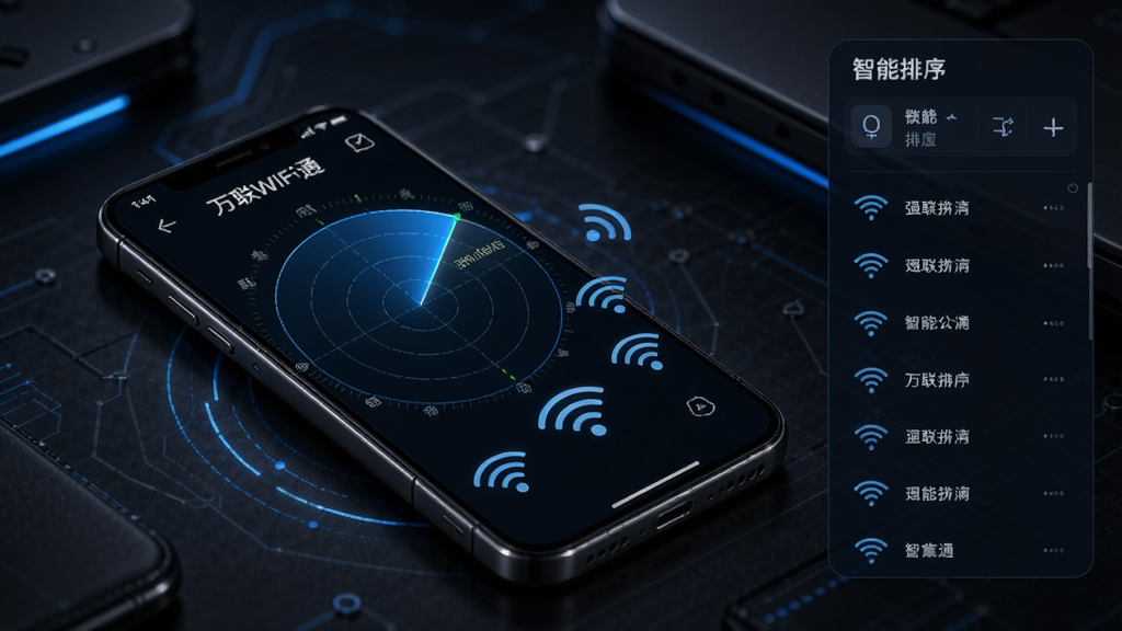 һ���ֻ������������ϣ���Ļ��ʾ����WiFiͨ���״�ɨ����棬��Χ�ֲ��Ų�ͬǿ�ȵ�WiFi�ź�ͼ�꣬�ź��ɽ���Զ����ǿ���仯�������Ҳ���һ�����������б������������ɫ�Ƽ��б�������ɫ��Ч��׺��ϸ�ھ��£����ʸ��壬�޶���Ԫ��