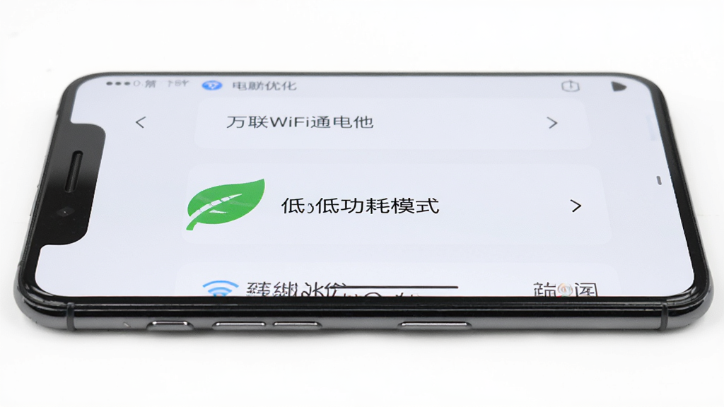 һ���ֻ�����չʾ����Ļ��ʾ����WiFiͨ�ĵ���Ż�����ҳ�棬һ����ɫ��Ҷ��ͼ���Ա�д�ŵ͹���ģʽ�������ǰ�ɫ����񣬻���ɾ�������ϸ���������޶���Ԫ��