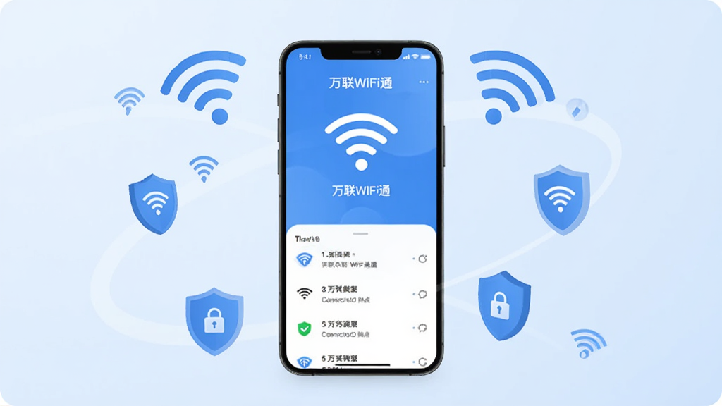 ����������һ�������ֻ�����Ļ����ʾ������WiFiͨ���������棬��������WiFi�ź�ͼ����������ȵ���б����ֻ���Χ�����Ŷ��Ư����WiFi�źŷ��źͶ��ư�ȫͼ�꣬��������͵�ǳ��ɫ���䣬������ñ�ƽ���Ƽ����ϸ�����������ʸɾ����޶���Ԫ�أ��ɾ�����
