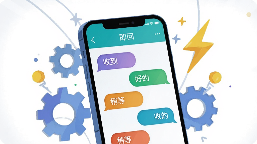 һ��AI���ɵĲ廭��������һ���ֻ���Ļ��ʾ�����ء������Ŀ�ݻظ����棬��Ļ���ж����ɫ���ݶԻ���ÿ��������д�м�̵Ļظ����֣��硰�յ������õġ����Եȡ��ȡ��ֻ���Χ�����ų��ֺ�������ţ�������Ч�����ܡ�����Ϊ��ɫ������ƽ����ɫ�����죬ϸ�ھ��£�����������������Ԫ�ء�