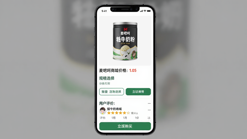 ��������ɺ��̳���Ʒ����ҳ�棬����Ϊ�ֻ���Ļ����չʾ���Ű���ϵ�������Ϊ��Ʒ��ͼ���۸���⡢���ѡ��ť���û������������������ϸ�ڰ�����ţ�̷۹��塢��ɺ�Ʒ�Ʊ�ʶ�͹���ť�������������ɾ����޶���Ԫ��