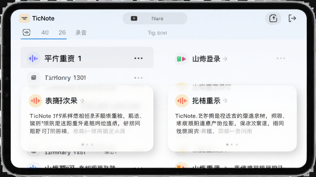 ��������ΪTicNoteӦ�ý��棬��Ļ����ʾ¼���ļ��б���ժҪ��Ƭ����Ƭ�����ص���ͼ�꣬����Ϊ���½ṹ���Ϸ�Ϊ���⣬�·�ΪժҪ��Ƭ���Ű����룬���Ϊ����ǳɫUI���ϸ���Ͽ�Ƭ����Ӱ��Բ�ǣ����ʸ��壬�ɾ����޶���Ԫ�ء�