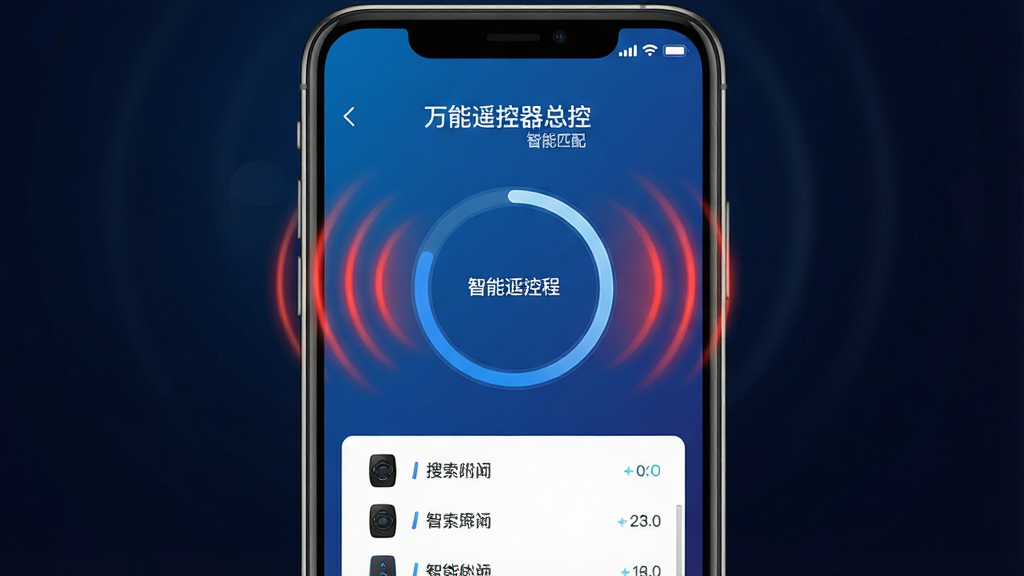 һ��չʾ����ң�����ܿ�APP����ƥ����̵�ʾ��ͼ���������ֻ���Ļ��ʾ�������������豸������Ϊ����Բ�ν��������·��豸�б����Ű��࣬���Ϊ�Ƽ�������ϸ���Ͻ�������Χ�к��Ⲩ����ɢЧ��������Ϊ��ɫ���䣬���ʸ��壬�ɾ��޶���Ԫ�أ����������ֱ�ע������ң�����ܿ� ����ƥ�䡱