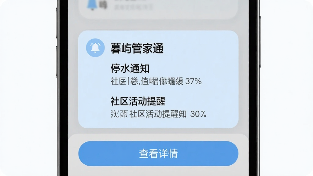 һ��չʾĺ��ܼ�ͨ��Ϣ֪ͨ���ܵ�ͼƬ������������һ�������ֻ���Ļ��д����Ļ�ϵ�������֪ͨ��Ƭ����Ƭ����д�š�ĺ��ܼ�ͨ��֪ͨ������������ʾͣˮ֪ͨ�����������������Ϣ����Ƭ����Բ����ƣ����������ͼ�꣬����Ϊ����ɫ���ֻ��·��С��鿴���顱��ť�������������죬�����������ɾ��޶���Ԫ��
