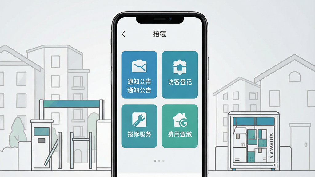 һ��չʾĺ��ܼ�ͨ�ֻ�Ӧ���������ͼƬ������������һ̨��ʽ�����ֻ�����Ļ����ʾ��������Ӧ�õ���ҳ���֣�����֪ͨ���桢�ÿ͵Ǽǡ����޷��񡢷��ò���ĸ���Ҫ�������ͼ�꣬ͼ����ñ�ƽ����Ʒ����ɫ������ɫ��Ϊ��������Ϊǳ��ɫ���䣬�ֻ���Χ����������¥�����Ž�����ݹ�ȼ�Լ�����廭Ԫ�أ������������ִ��������������ɾ��޶���Ԫ��
