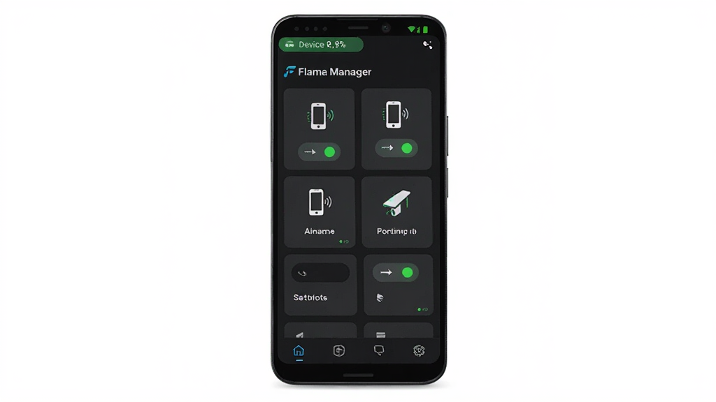 ������Flamma Manager�����ڰ�׿�ֻ��ϵ������棬����Ϊ�ֻ�����չʾ��������ʾ�豸����״̬�����в�Ϊ���ܿ�Ƭ�б����ײ�Ϊ�����˵����Ű��������룬���Ϊ�ִ��Ƽ�����ɫ���⣬ϸ�ڰ����豸ͼ�ꡢ���Ӱ�ť��״ָ̬ʾ�ƣ����ʸ��壬����ɾ����޶���Ԫ��