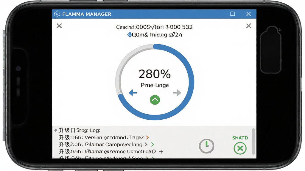 ������Flamma Manager�����Ĺ̼��������Ƚ��棬����Ϊ�ֻ�����������ΪԲ�ν��������Ϸ���ʾ��ǰ�汾��Ŀ��汾�ţ��·�Ϊ������־���������Ű��η��������Ϊ��๤������棬ϸ�ڰ����汾�Աȼ�ͷ�����Ȱٷֱȡ����״̬ͼ�꣬���ʸ��壬����ɾ����޶���Ԫ��