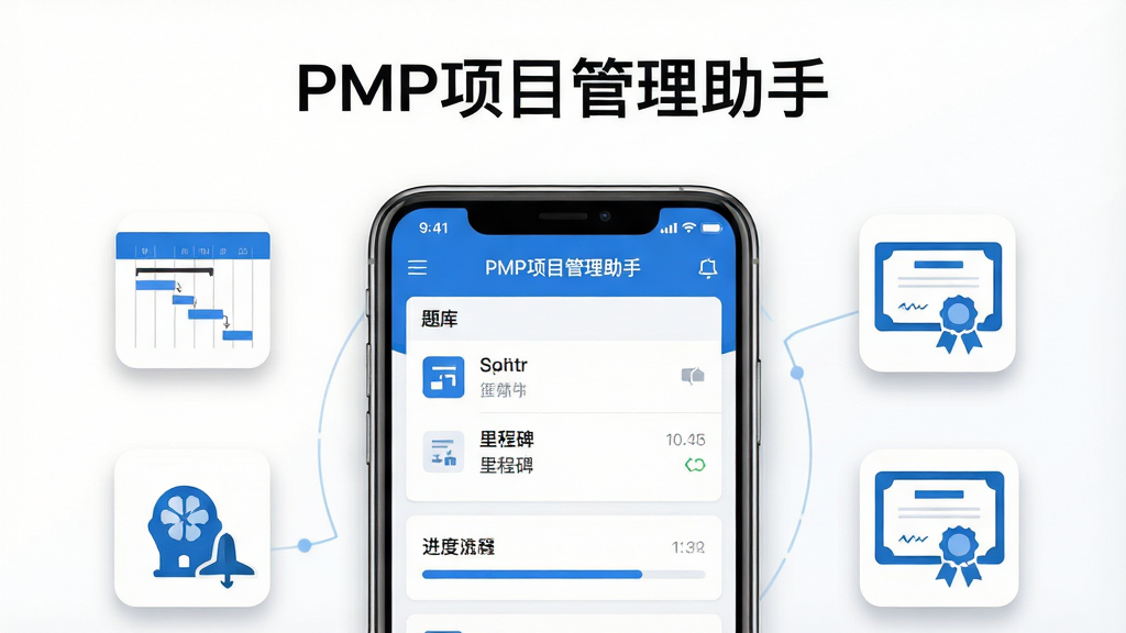 ����Ϊһ�������ֻ�����Ļ����ʾ��PMP��Ŀ�������֡�Ӧ�ý��棬��������б��������������Ϊ�ֻ����У���Χ������Ŀ����ͼ�������ͼ����̱���֤�飻�Ű��࣬�Ϸ����׷���Ӧ�����ƣ����Ϊ�ִ���ƽ���Ƽ��磬������ɫ��ϸ�ڰ���������Ӧ��UIԪ�ء���΢����ӰЧ�������ʸ��壬�ɾ����޶���Ԫ��